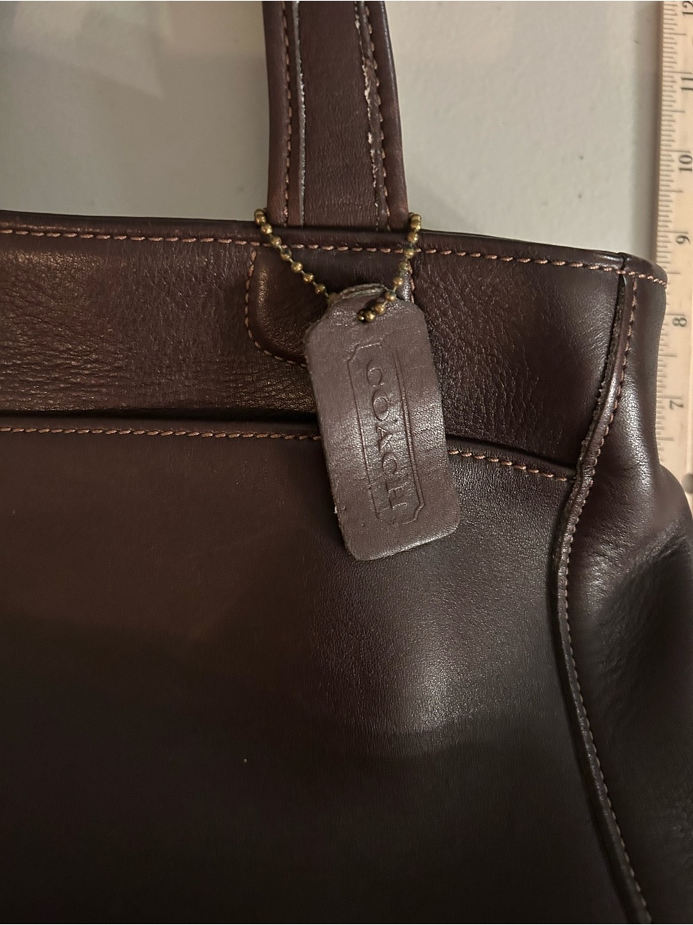 Coach Brown Leather Tote with Gold-Tone Chain Tag